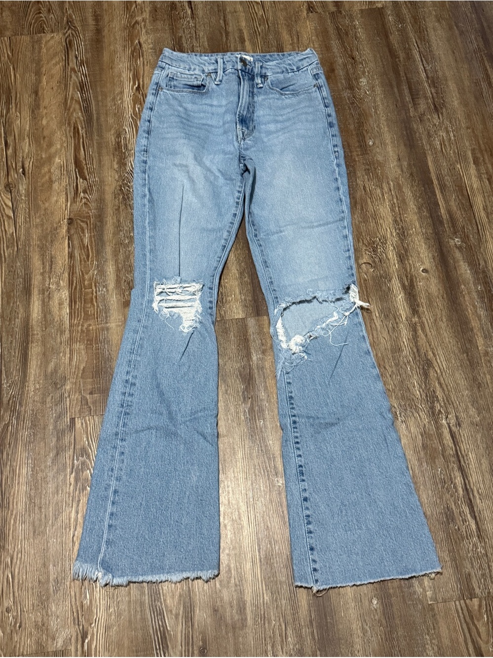 Good American Good Classic Bootcut Jeans Women's 4/27 Distressed Frayed Hem Deni